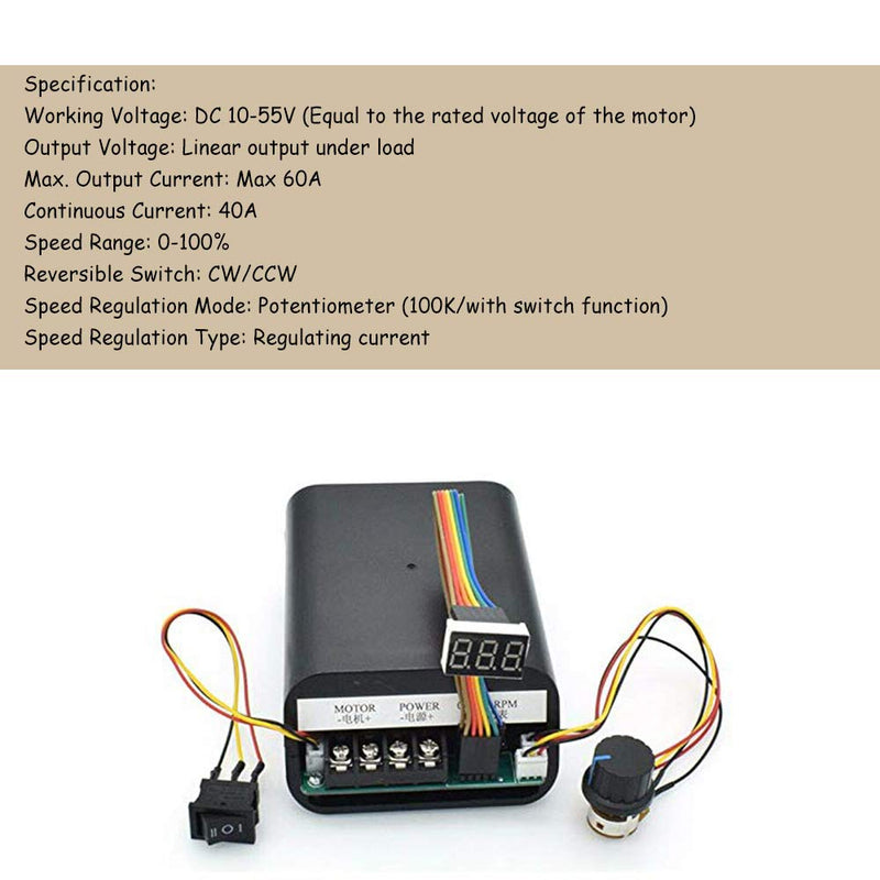 [Australia - AusPower] - Acxico 1Pcs PWM DC Brush Motor Speed Controller DC 10-55V 60A CW CCW Reversible Switch Digital LED Display Potentiometer Switch Built-in Brushless Fan 