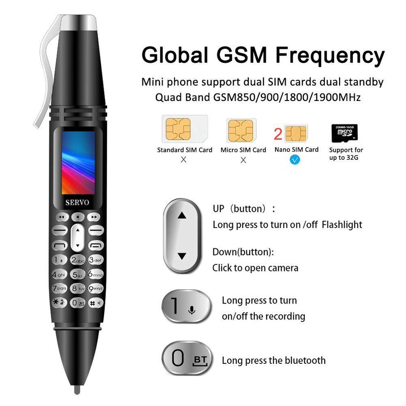 [Australia - AusPower] - Mini Cell Phone Pen Style Bluetooth Dialer 0.96" Tiny Screen Mobile Phone Support GSM Dual SIM Card with Camera Voice Recorder (Black) 