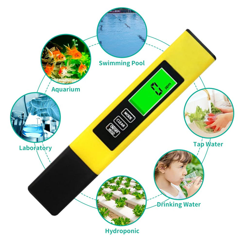 [Australia - AusPower] - PHEPUS TDS Water Digital Tester Kit Zero Water Meter 0-9990 ppm Waterproof with 4-in-1 Feature Stabilizes Readout for Aquaculture Colloidal Silver Wine Pool Hardness Salinity - Leather Case (Yellow) 