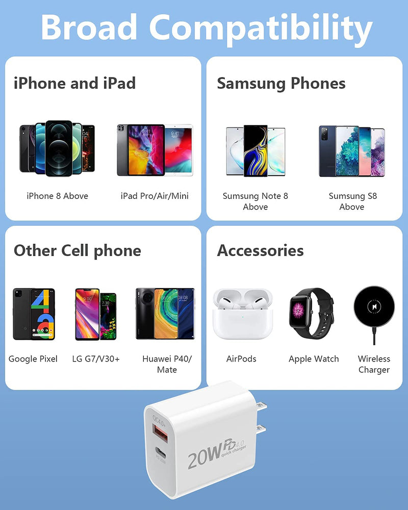[Australia - AusPower] - USB C Wall Charger, KOOPAO 20W Power Adapter Charger Plug 2 Port Charging Block Replacement for iPhone 13/13 Pro/13 mini/12/12 Pro/12 Mini/11/SE/X,MacBook,iPad,AirPods,Samsung,Pixel,Galaxy,Switch ect 