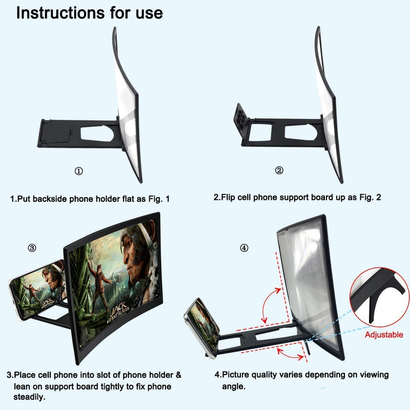 [Australia - AusPower] - Emoly 12'' 3D Curve Screen Magnifier for Cell Phone, HD Amplifier Projector for Movies, Videos, and Gaming Foldable Phone Stand with Screen Amplifier for iPhone,All Smartphones (Black, 12 inch) 