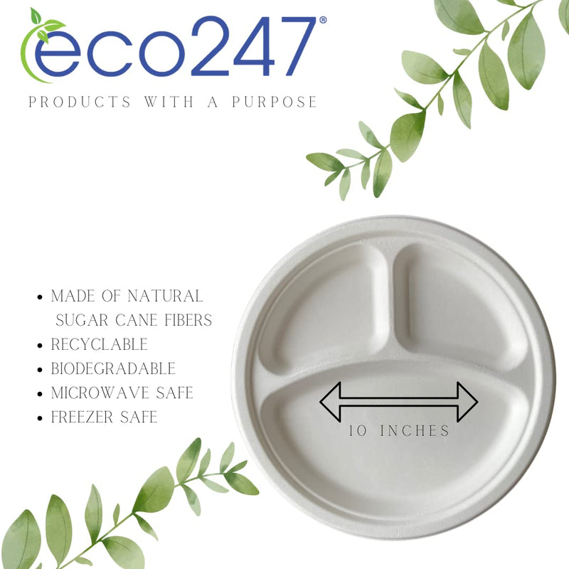 [Australia - AusPower] - Eco247 100% Compostable 10 inch 3 Compartment Large Plates | 125-Count | Heavy Duty Bulk White Disposable Plates | Eco-Friendly | Biodegradable Natural 100% Recyclable Sugar Cane Bagasse 