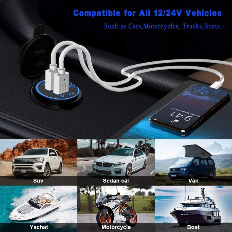 [Australia - AusPower] - Quick Charge 3.0 Dual USB Car Charger Socket with Touch Switch 12V/24V 36W QC3.0 Dual USB Fast Charger Socket Power Outlet for Marine, Boat, Motorcycle, Truck, Golf Cart QC3.0 With Switch 