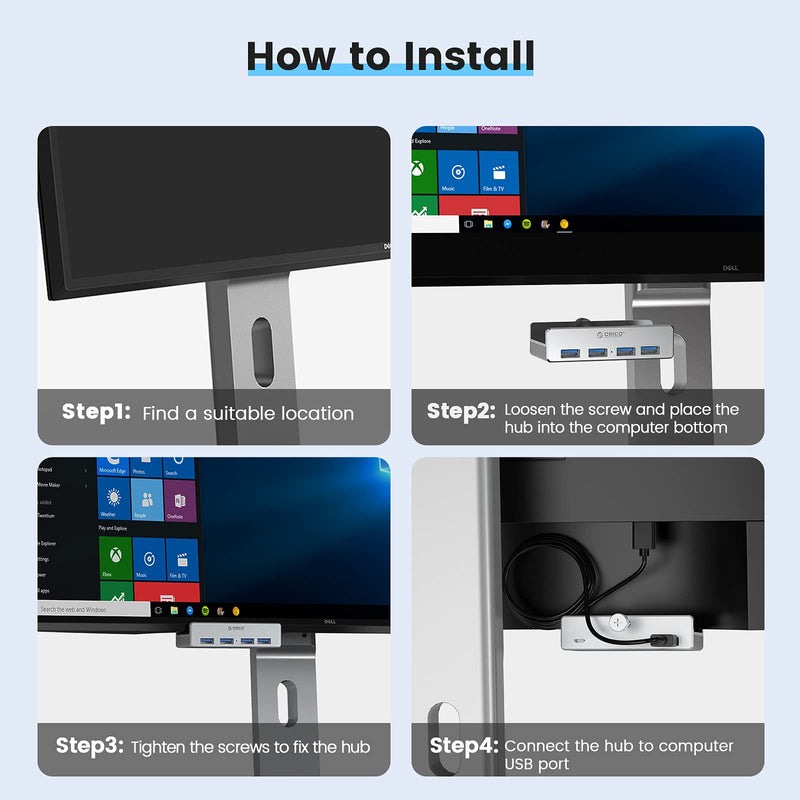 [Australia - AusPower] - ORICO 4 Port USB 3.0 Hub Clamps on Monitor or Table, USB A/A and A/C Cable Included(4.92FT), Extra Power Supply Port, Space-Saving Mountable Aluminum USB Hub for iMac, All-in-One Desktop Computer 4 port + 2 Data Cable 