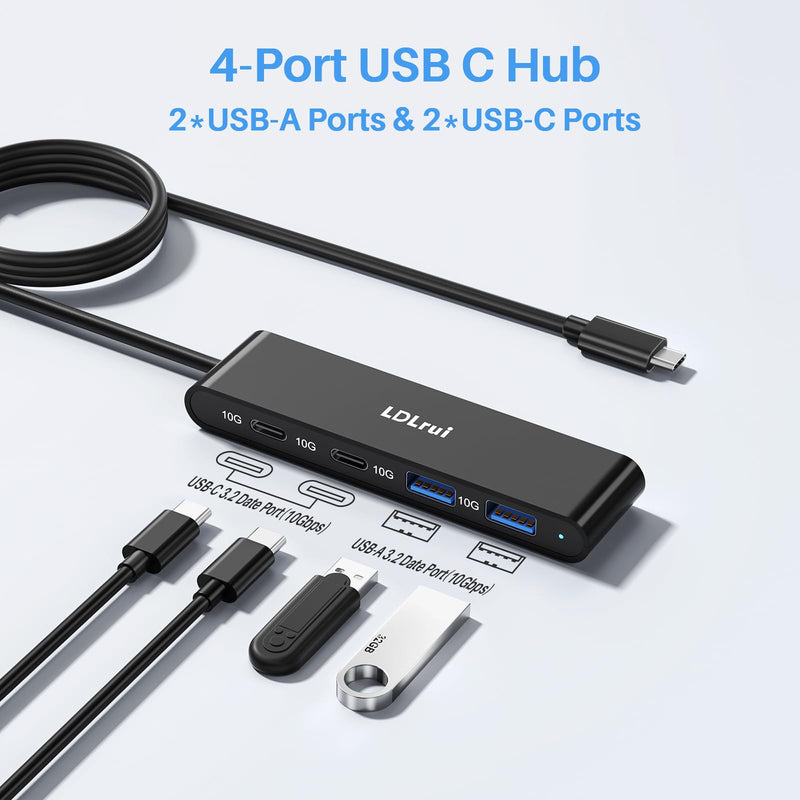 [Australia - AusPower] - 4Ft Long Cable USB C Hub with 2 USB-C & 2 USB-A Ports,LDLrui USB 3.2 Multiport Adapter,10Gbps USB Port Extender for MacBook Air,Mac Mini,iMac,Dell XPS,ThinkBook [No Charging&Video Output] Black-4Ft 