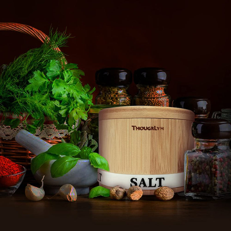 [Australia - AusPower] - ThougrLyh Bamboo Salt Box, Salt Box With Swivel Lid With Magnetic，Salt Cellar With Lid For Storing Salt, Herbs, Spices And Small Items Spice Box，Salt Bowls With Luminous (Salt box and spoon) salt box with spoon 