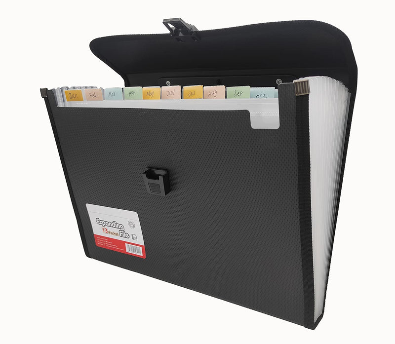 [Australia - AusPower] - Expanding File Folder with Labels, 13 Pocket Accordion File Folder Document Organizer Expanding Zip File Folder , Letter A4 Paper Document Accordion Folder,1 Pack (Black) Black 