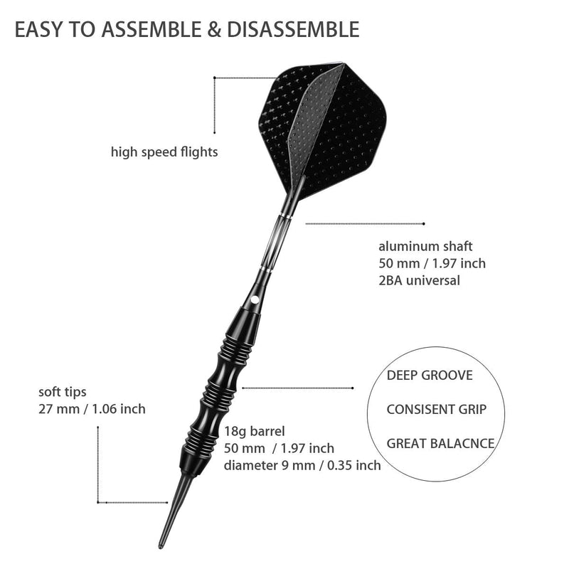 [Australia - AusPower] - sanfeng Professional Soft Tip Darts Set 20 Grams - 50 Rubber O-Rings + 30 Darts Plastic Tip + Aluminum Shafts + 6 Standard Flights + Portable Case for Electronic Dart Board BLACK 