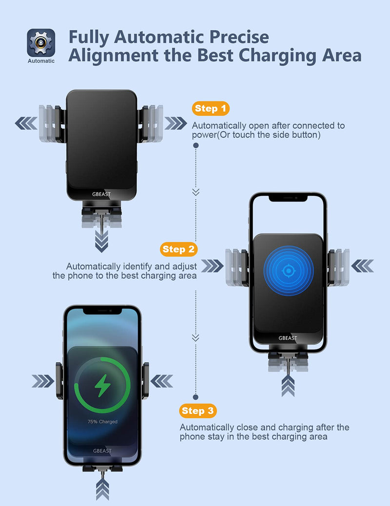 [Australia - AusPower] - Wireless Car Charger, GBEAST 15W Qi Fast Charging Car Charger Auto Clamping and Intelligent Alignment Charging Area Dashboard Windshield Car Mount for iPhone 13 12 11 Mini Pro Max Galaxy S21 S20+ S10 
