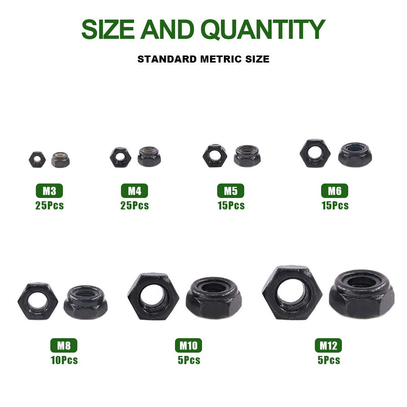 [Australia - AusPower] - Keadic 100 Pieces Metric Black Zinc Plated Nylon Insert Lock Nuts Assortment Kit for Matching Screws or Bolts - 7 Sizes：M3 M4 M5 M6 M8 M10 M12 