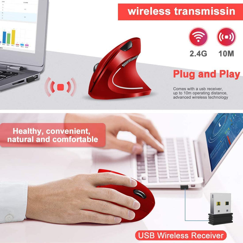 [Australia - AusPower] - Vassink Wireless Mouse Ergonomic Mouse Rechargeable Vertical Optical Mice with USB Receiver, 6 Buttons 2.4GHz Adjustable DPI 800/1200/1600 for PC Computer,Laptop,etc（Red+Blue） 