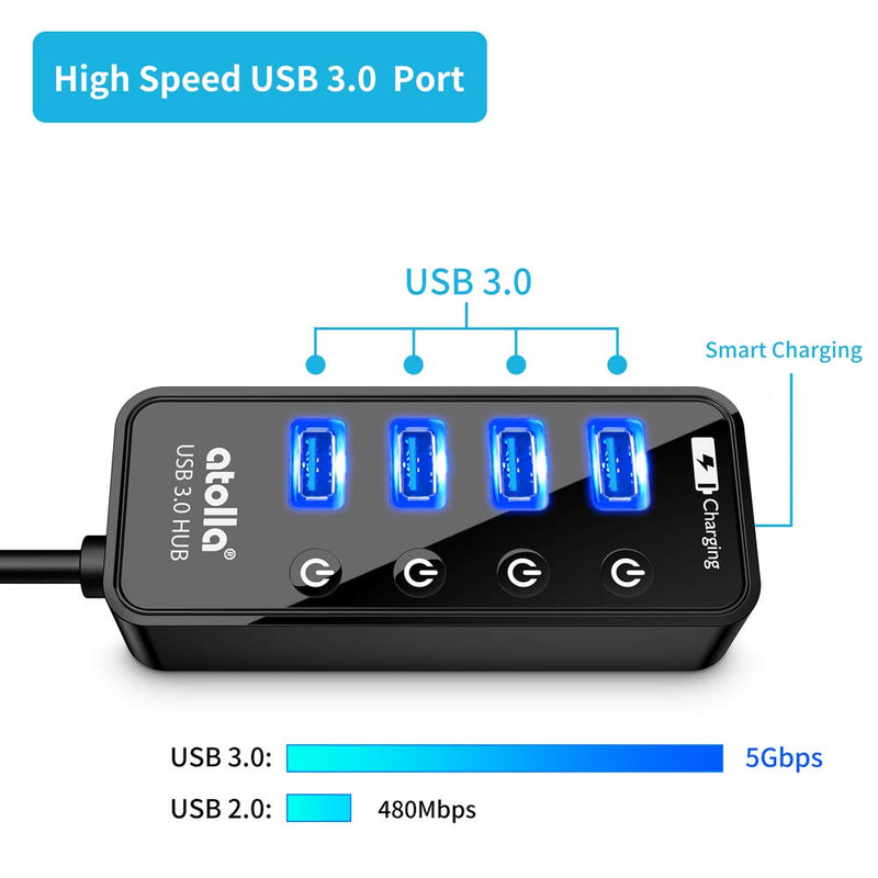 [Australia - AusPower] - Powered USB Hub, atolla 4-Port USB 3.0 Hub with 4 USB 3.0 Data Ports and 1 USB Smart Charging Port, USB Splitter with Individual On/Off Switches and 5V/3A Power Adapter 