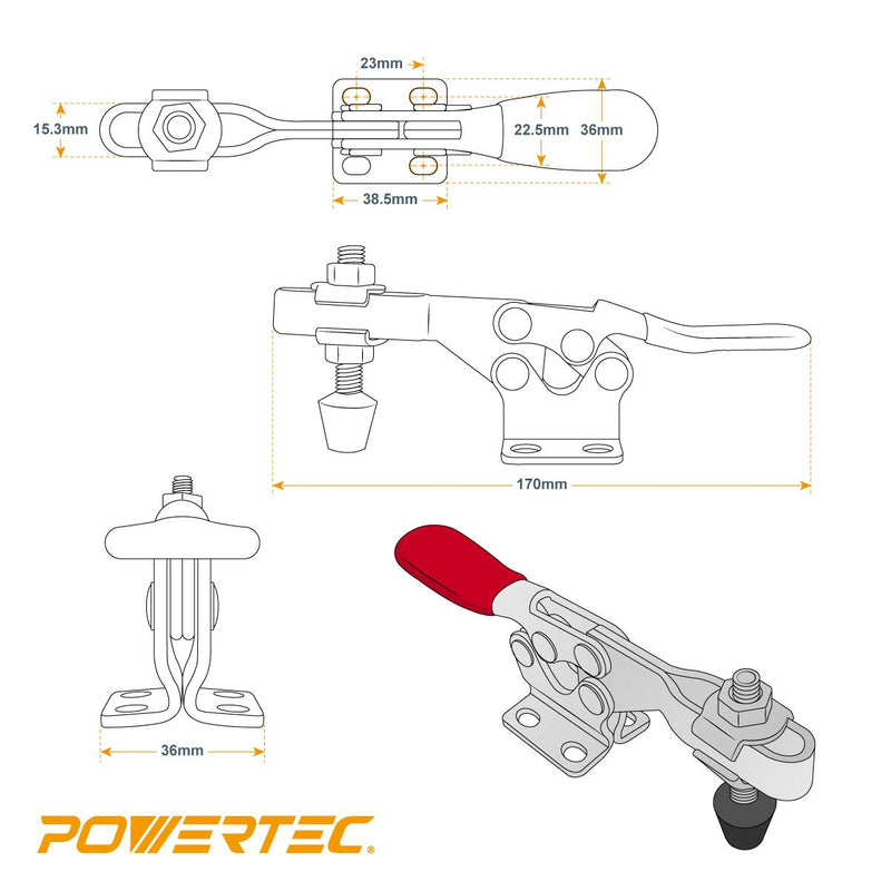 [Australia - AusPower] - POWERTEC 20302 Quick Release Horizontal Toggle Clamp 201B - 300 lb Holding Capacity w Rubber Pressure Tip, 1PK 