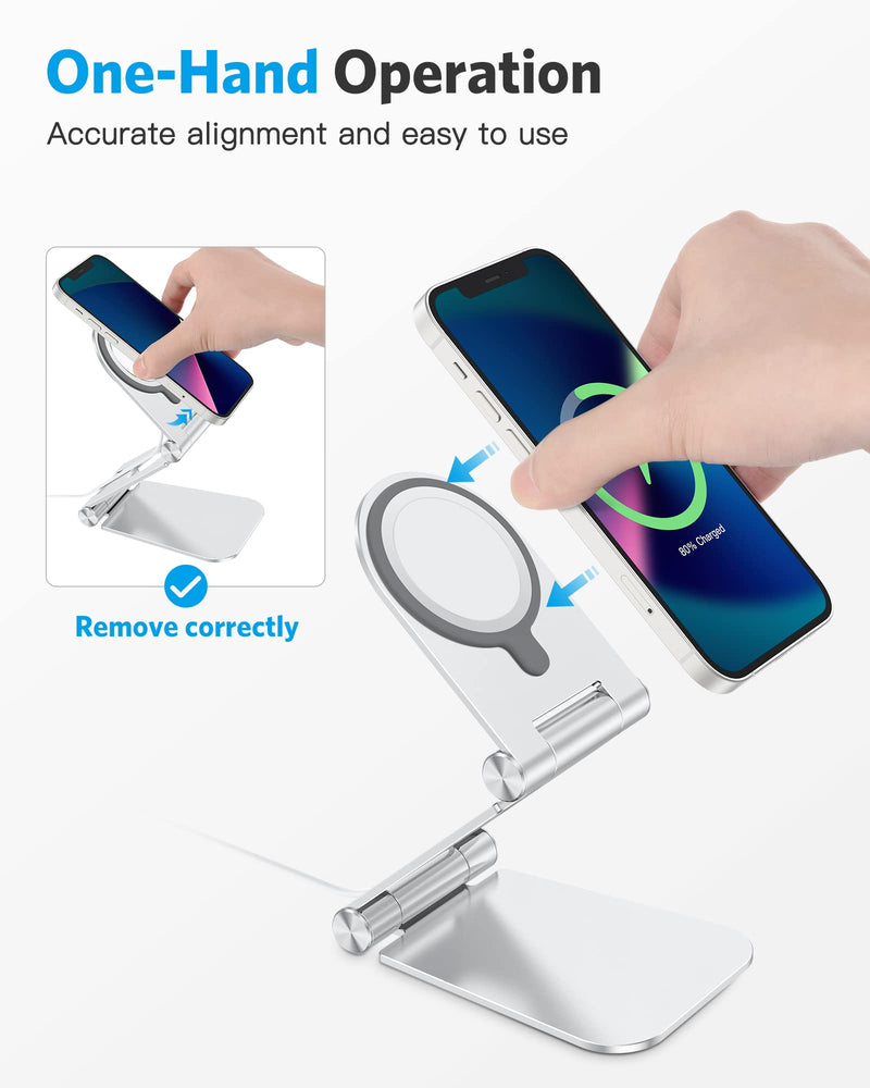 [Australia - AusPower] - Stand for MagSafe Charger, OMOTON Foldable Phone Stand Holder for MagSafe Charger, Magsafe Accessories Designed for iPhone 13/12 Pro Max / Pro / Mini, MagSafe Charger Not Included, Silver 