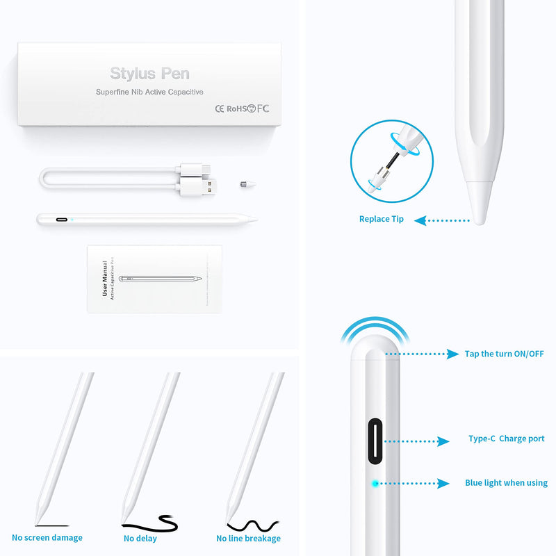 [Australia - AusPower] - Stylus Pen, Active Stylus Pen Compatible for iOS and Android Touchscreens/Phones, Rechargeable Stylus Pen with Dual Touch Screen , Stylus Pencil for Apple/Android/Samsung Tablet, 16.5CM,White White 