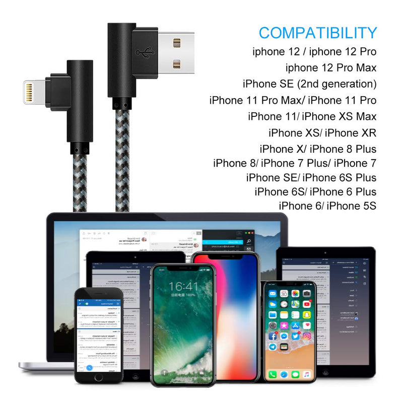 [Australia - AusPower] - OCEEK MFI Certified Lightning Cable iPhone Charger Cable 90 Degree Right Angle 5Pack 3/3/6/6/10ft Fast Game Metal Long USB Cord iPhone 12/11/Pro/Max/X/XS/XR/XS/8/7/Plus/6/6S/SE-BlackGrey BlackGrey 