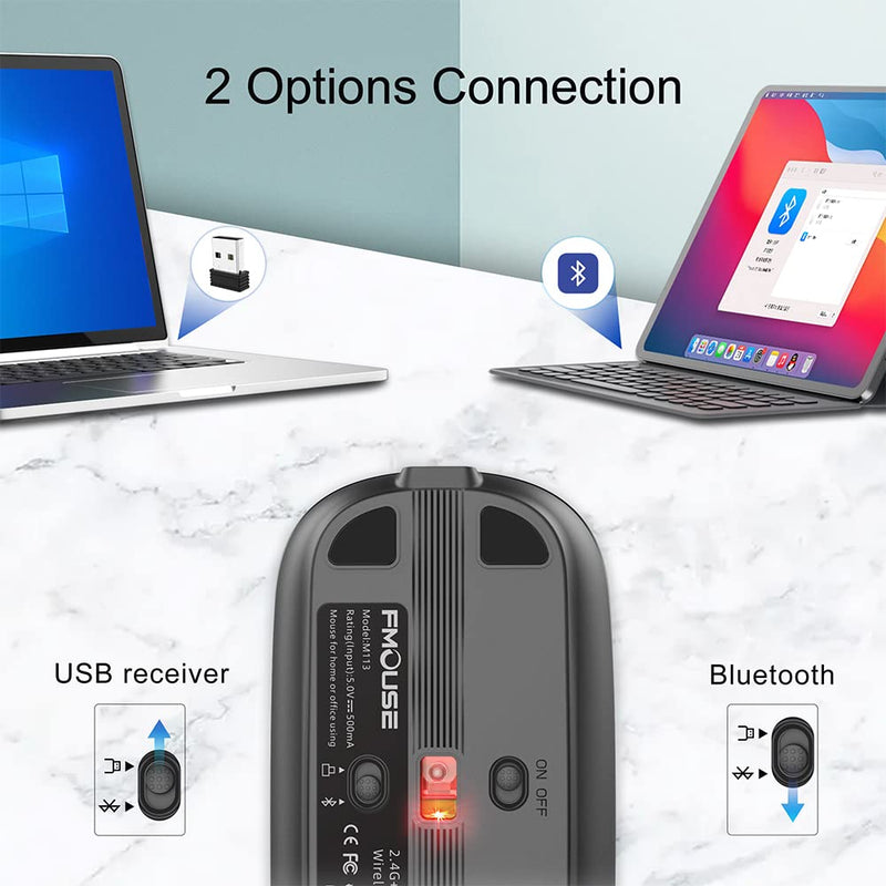[Australia - AusPower] - FMOUSE Silent Wireless Mouse, Slim Silent Mouse with USB Receiver, Wireless & Bluetooth 5.1 Dual Mode 2400 DPI, Quick Mute & Desktop Return Button, Rechargeable Mice for PC, Laptop, Desktop (Grey) Grey 