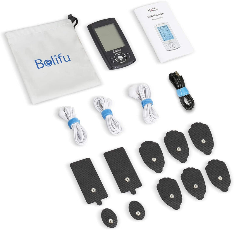 [Australia - AusPower] - Belifu Dual Channel TENS EMS Unit 24 Modes Muscle Stimulator for Pain Relief Therapy, Electronic Pulse Massager Muscle Massager with 10 Pads, Dust-Proof Drawstring Storage Bag，Fastening Cable Ties… Black 