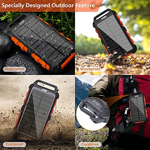 [Australia - AusPower] - Solar Power Bank 20000mAh, Portable Solar Charger with Dual USB Output, Waterproof Outdoor Backup Battery Packs with 10 Flashlights Fast Charging for iPhone Samsung Tablet etc. Orange 