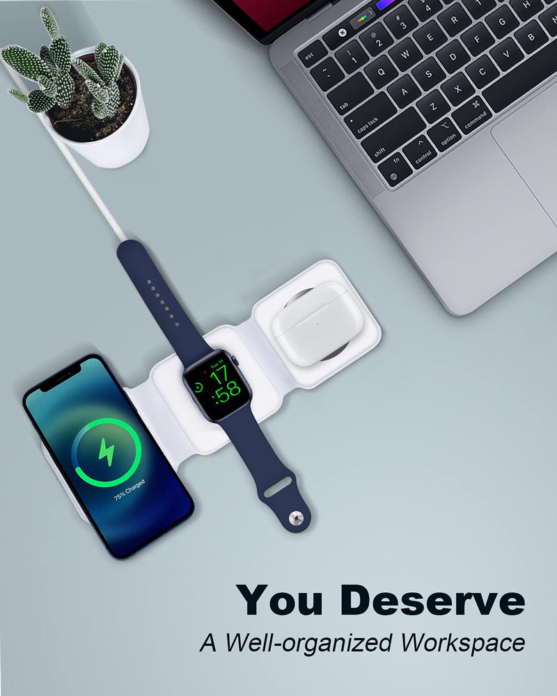 [Australia - AusPower] - ROBOQi Magnetic 3-in-1 Wireless Charger 15W Foldable Charging Station for iPhone 12/12 Mini/12 Pro/Max, Apple Watch SE Series 6/5/4/3/2/1/44mm/42mm/40mm/38mm, AirPods 2/Pro White 