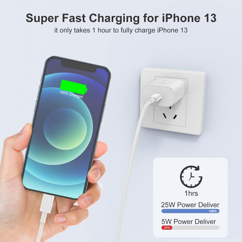 [Australia - AusPower] - iPhone Fast Charger Block, 25W PD Super Fast Charging USB C Wall Charger Adapter Plug Cube with Apple USB-C to Lightning Cable 6ft, Type C Power Charger for iPhone 13 Pro Max/13 Mini/12 Pro/11/iPad 