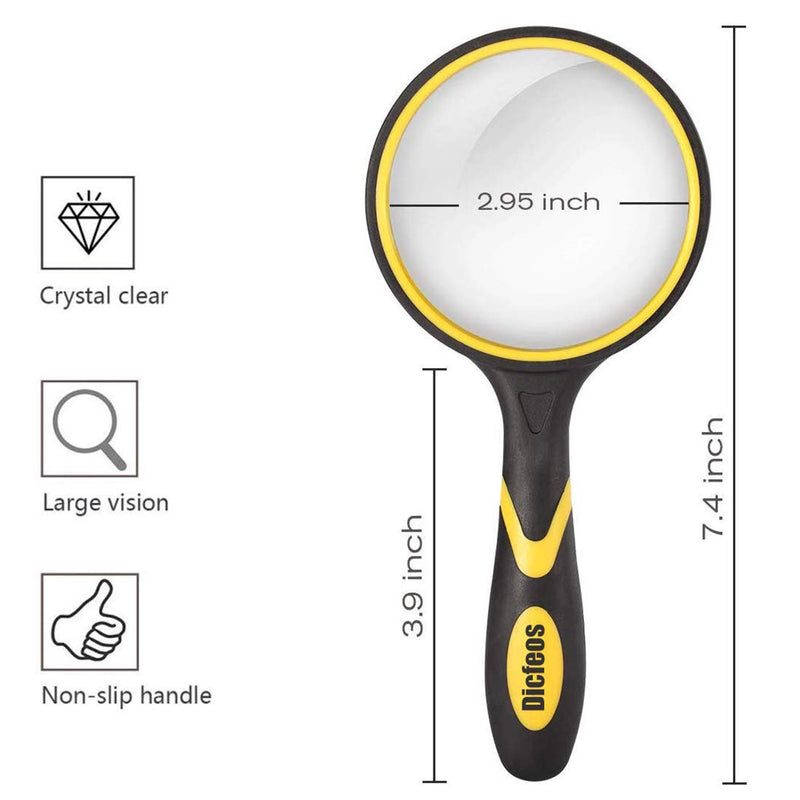 [Australia - AusPower] - Dicfeos 10X Shatterproof Magnifying Glass Handheld Reading Magnifier, 75mm Non-Scratch Quality Glass Lens, Thickened Rubbery Frame, 4.5oz Lightweight, Perfect for Seniors & Kids 