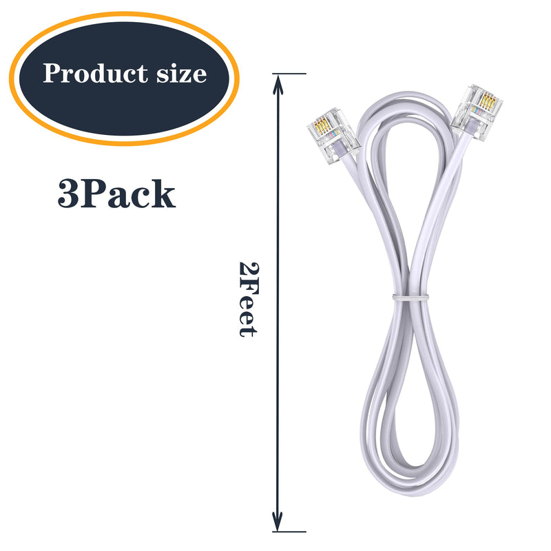 [Australia - AusPower] - Ubramac 3Pack Phone Cord Phone Telephone Extension Cord 2ft Cable Line with Standard RJ11 6P4C Plugs for Landline Phone and Fax,(White, 2Feet) 