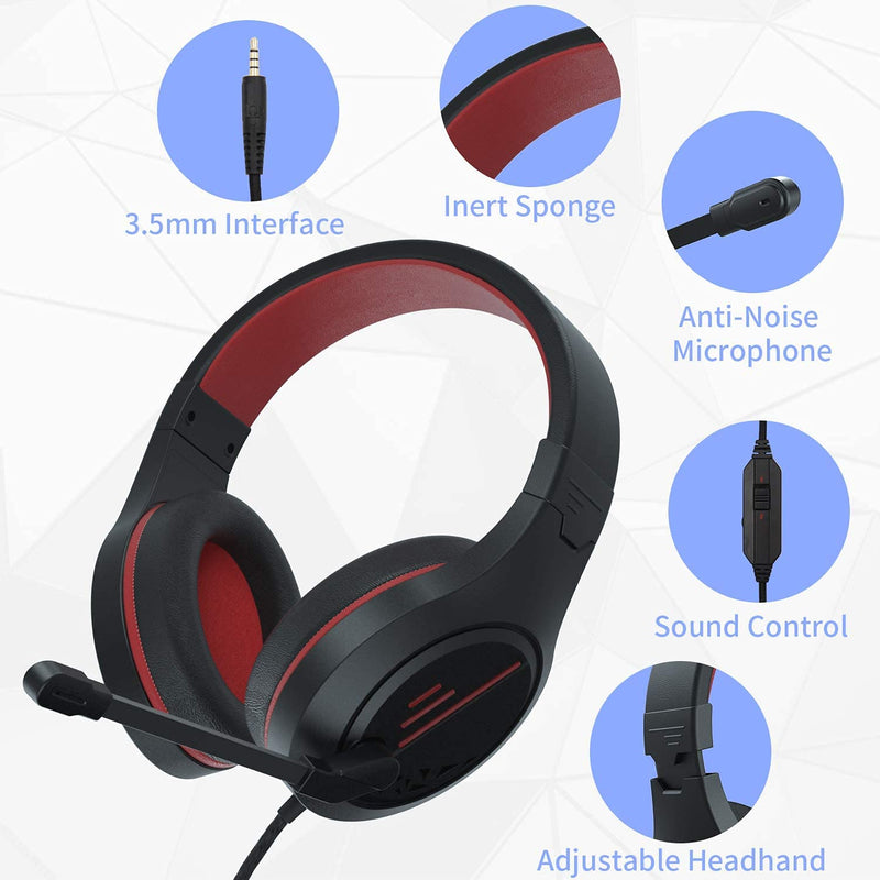[Australia - AusPower] - Gaming Headset Noise Cancelling Headphones with Microphone Kids and Adults 50mm Neodymium Drivers & 3.5mm Audio Jack Wired Over Ear Stereo Earphones for Online School/PC Game/Travel/Work Red 