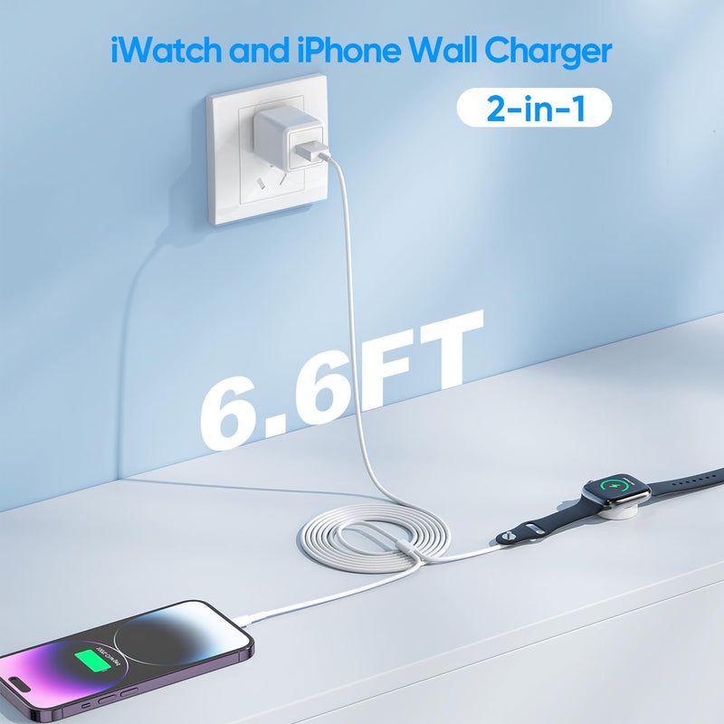 [Australia - AusPower] - 2 in 1 Apple Watch Charger,[MFi Certified] 6.6FT iWatch Charger iPhone Charging Cable with USB Wall Charger Travel Plug Adapter Charger for Apple Watch Series 8/7/6/5/4/3/SE & iPhone 14/13/12/11/X/XR 