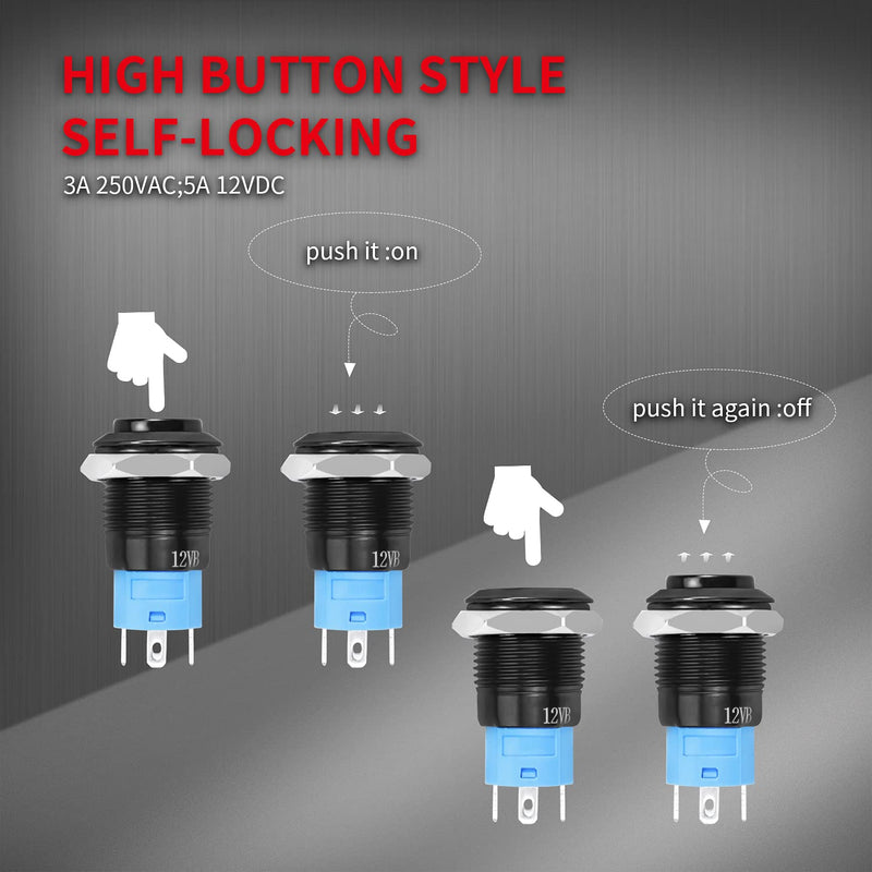 [Australia - AusPower] - DaierTek 6pcs Latching Push Button Switch 12V LED Blue Waterproof ON Off Maintained 12 Volt 12mm Small Round Metal Black Wired for Marine Boat Car Truck 
