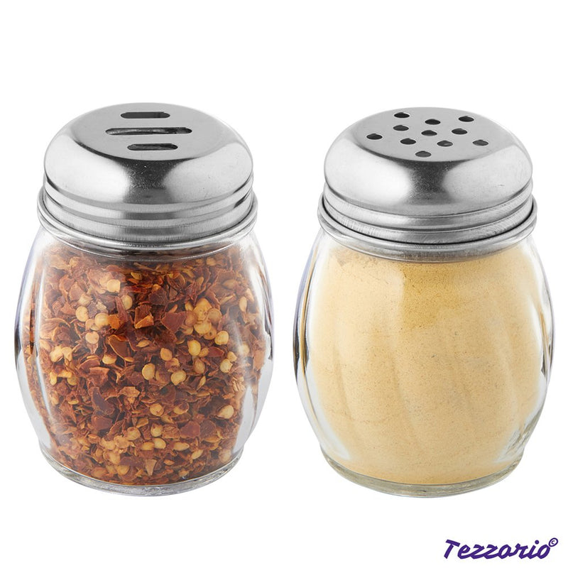 [Australia - AusPower] - (Set of 2) 6-Ounces Glass Cheese and Spice Shakers with Stainless Steel Perforated and Slotted Caps, Swirl Retro Style Jar Dispensers/Shakers 