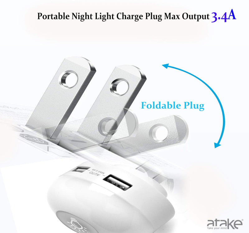 [Australia - AusPower] - Wall Charger,Outlet Adapter 3.4A USB Output Foldable AC Plug with Smart Touch LED Night Light 3 Brightness,Compact Charg for iPhone,iPad,Android Phone and Tablets (White) White 