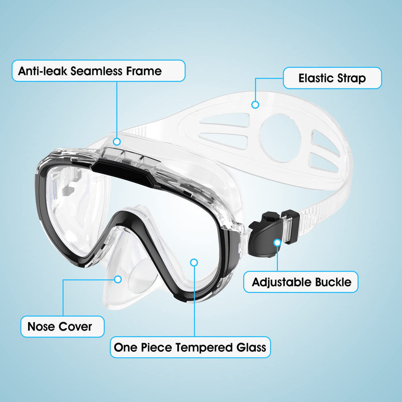 [Australia - AusPower] - Norabidea Swimming Goggles, Anti-Fog One Piece Lens Diving Mask, Clear View Tempered Glasses Swim Mask with Nose Cover for Scuba Dive Swim Adults(Black) 