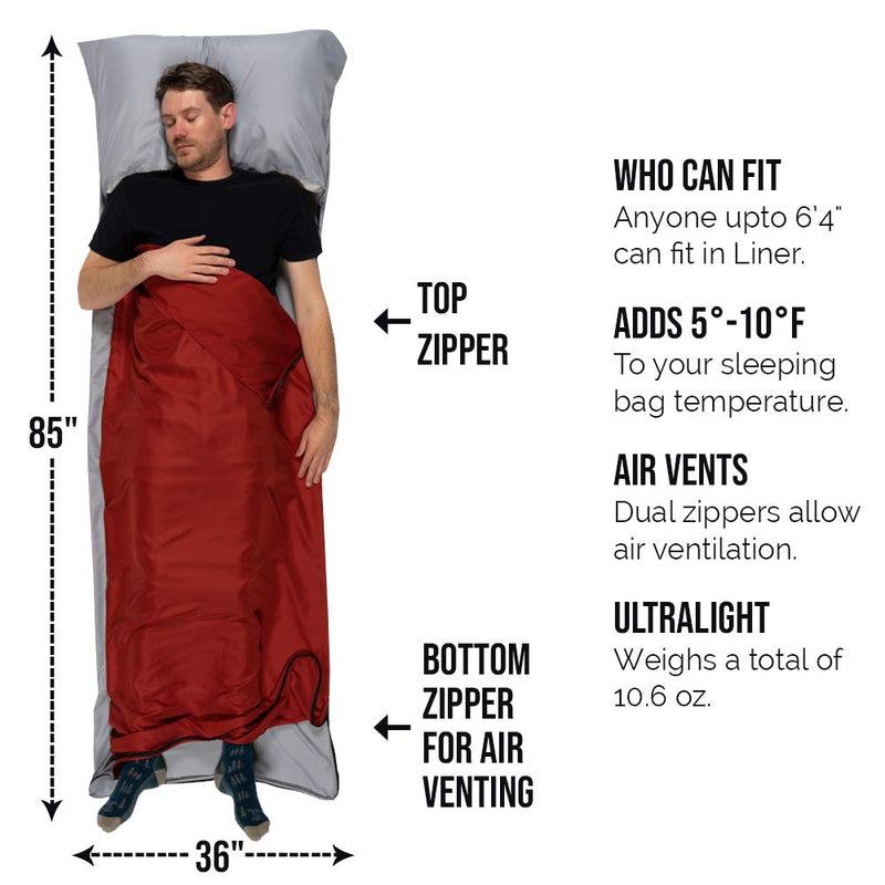 [Australia - AusPower] - Well Traveled Sleeping Bag Liner, Lightweight Adult Sleeping Sheet for Hiking, Backpacking and Camping, Easily Removable and Washable, Silky Smooth Fabric, Simple to Stuff Sack Red (Left Zipper) 