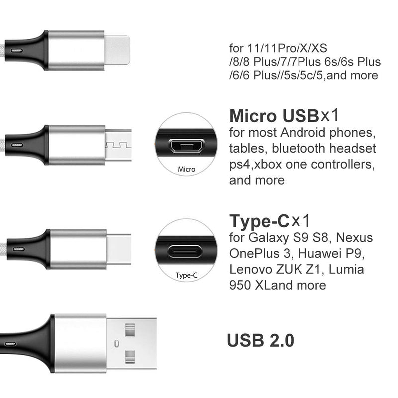 [Australia - AusPower] - Multi Charging Cable, 5ft 3Pack Multi Charger Cable Nylon Braided Multiple USB Cable Universal 3 in 1 Charging Cord Adapter with Type-C, Micro USB Port Connectors for Cell Phones and More 