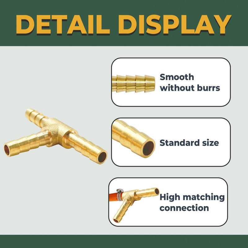 [Australia - AusPower] - LIONMAX Brass Hose Barb Tee Fittings 3 PCS, 3 Way Union Barb T Fitting, 1/4" x 1/4" x 1/4" ID Hose Barb, with 9 Hose Clamps, for Water/Fuel/Air 
