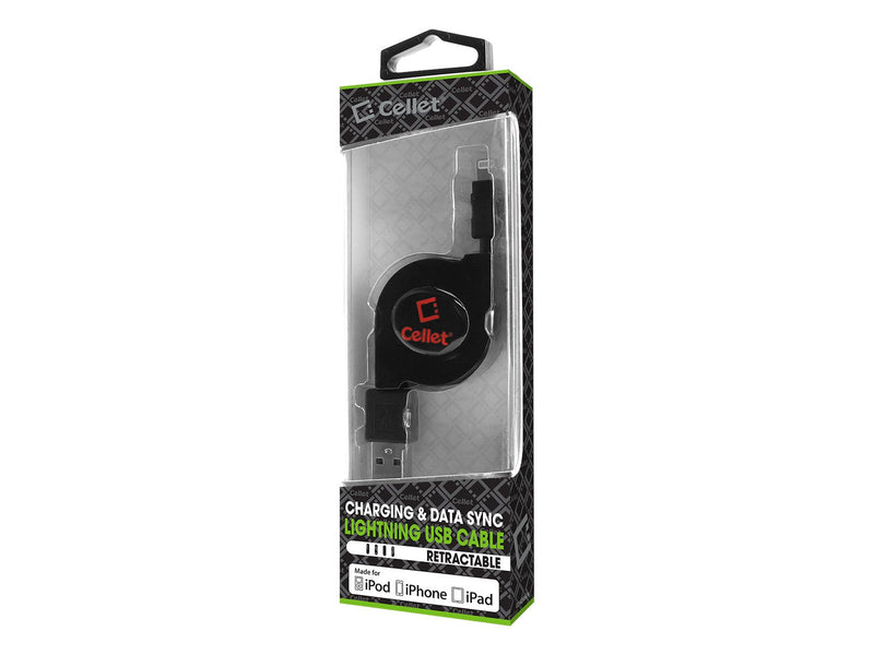 [Australia - AusPower] - Cellet Retractable iPhone Charger Cable, Charging & Data Sync Cable Compatible for Apple iPhone 12 11 Pro Max XS XR X 8 7, iPad Pro Air mini 5 4 3 Air Pod Lightning Devices (Apple MFI Certified) RETRACTABLE BLACK 