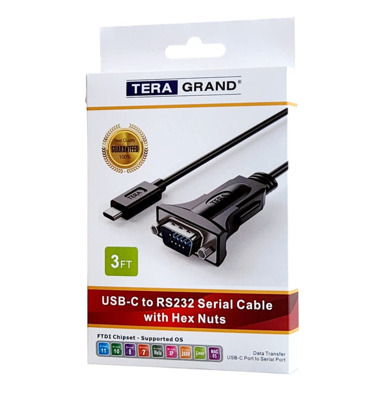 [Australia - AusPower] - Tera Grand - USB C to RS232 Serial DB9 Adapter Cable with Hex Nuts and FTDI chipset, Supports Windows 11, 10, 8, 7, Vista, XP, 2000, 98, Linux and Mac, 3 Ft 3 Feet 