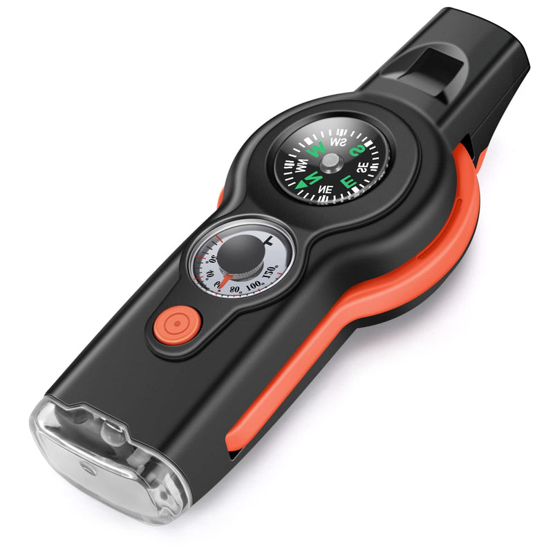 [Australia - AusPower] - 7-in-1 Emergency Survival Function Whistle, Outdoor Multifunctional Tool Safety Whistle with Lanyard, Ideal for Kayaking, Boating, Hiking, Camping, Climbing, Hunting, Fishing, Rescue Signaling Black+Orange 