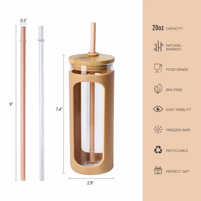 [Australia - AusPower] - Kodrine 20oz Glass Water Tumble with Straw and Lid,Bamboo Lids Water Bottle, Iced Coffee Cup Reusable, Wide Mouth Smoothie Cups, Straw Silicone Protective Sleeve BPA FREE-Amber 20oz-Amber 1 Count (Pack of 1) 