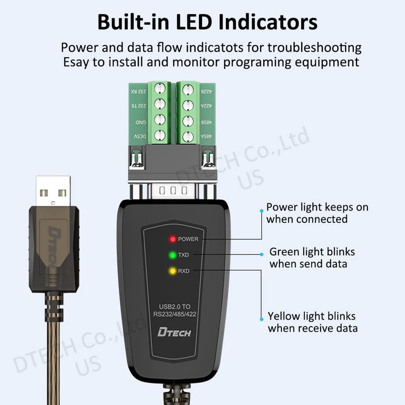 [Australia - AusPower] - USB to Serial Adapter, DTECH RS422 RS485 R232 to USB Cable (3 in 1 Interface) Supports DC 5V with Breakout Board LED Lights for Multi-Kind Control Devices Windows 11 10 8 7 XP Mac (1.5ft) 1.5ft (3 in 1 interface) 