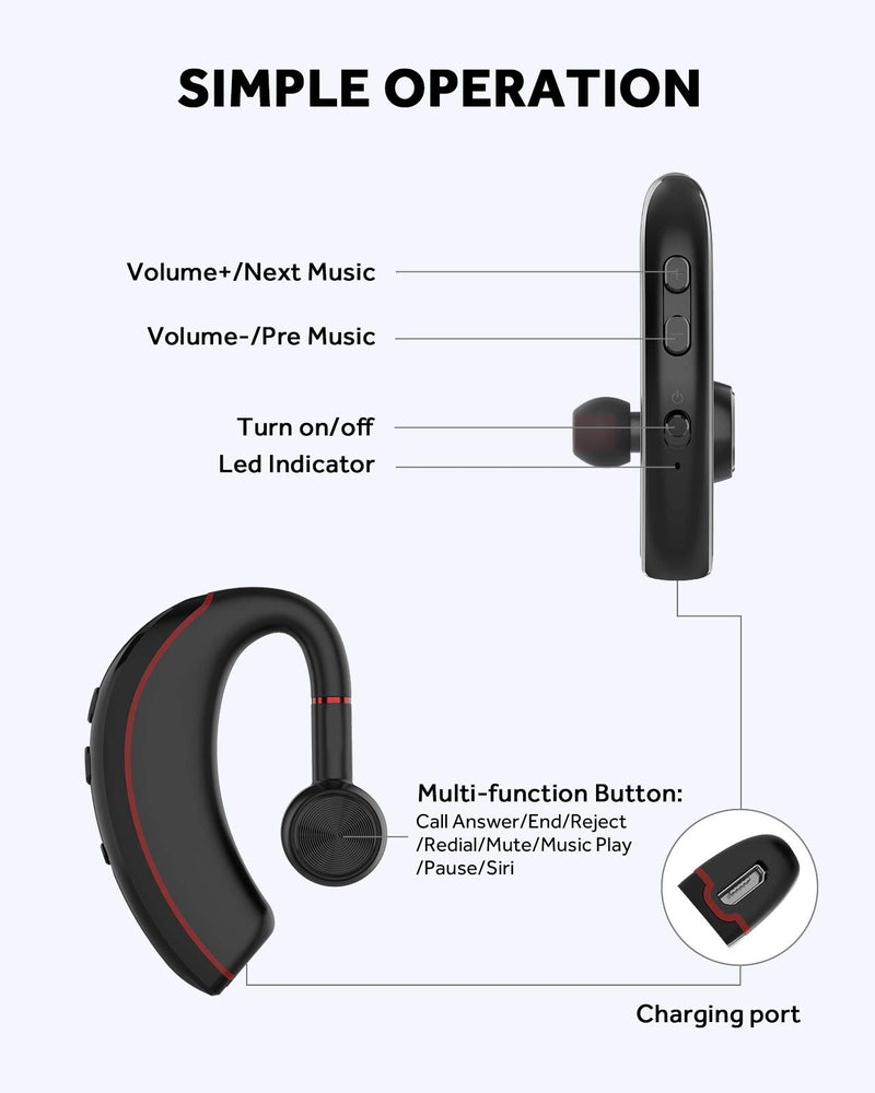 [Australia - AusPower] - Yamipho Bluetooth Headset, Bluetooth 5.0 Handsfree Earpiece 12h Talking Time with Mic, Business Headphones Wireless Earphones Fits Left/Right in-Ear Driving Earbuds for iPhone Android Laptop (Red) 