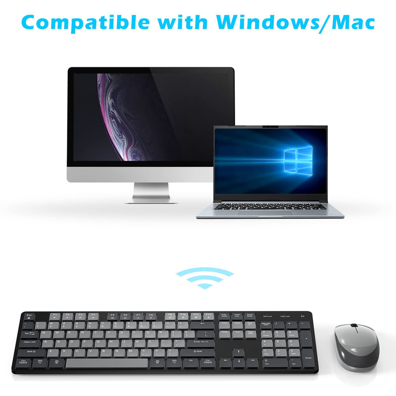 [Australia - AusPower] - POWZAN Wireless Keyboard and Mouse, Ultra Slim Compact Full Size Wireless Keyboard and Mouse Combo 2.4G Ultra-Thin Sleek Design for Windows, Mac, Computer, Desktop, PC, Notebook - (Black Gray) Black Grey 