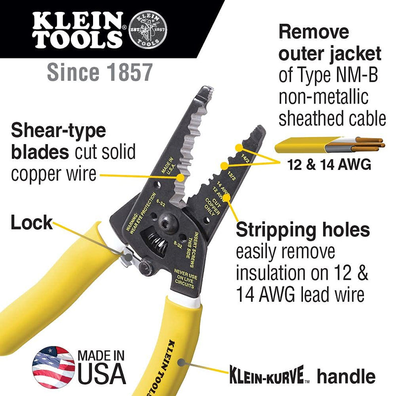 [Australia - AusPower] - Klein Tools K1412 Wire Cutter / Wire Stripper, Dual NM Cable Stripper / Cutter Cuts Solid Copper Wire, Strips 12 and 14 AWG Solid Wire NM-B Cable 