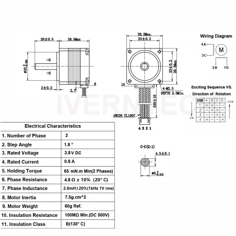 [Australia - AusPower] - Iverntech Nema 11 Stepper Motor 28mm Body 1.8 Stepper Angle 0.8A 2 Phase 4-Lead with 50CM Cable for 3D Printer, CNC Machine and Robotics 28-28 Motor 