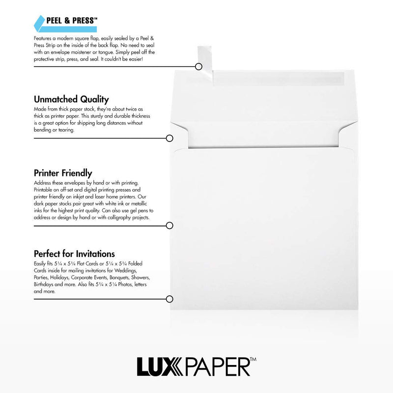[Australia - AusPower] - LUX Paper Square Invitation Envelopes for 5 1/4 x 5 1/4 Cards in 80 lb. Bright White, Printable Envelopes for Invitations, with Peel & Press Seal, 50 Pack, Envelope Size 5 1/2 x 5 1/2 (White) 80lb. Bright White 