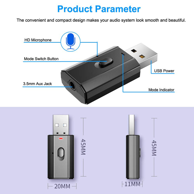 [Australia - AusPower] - Bluetooth Car Adapter, BAVNCO Mini Bluetooth 5.0 Stereo Transmitter Receiver Wireless 3.5mm Aux Jack Adapter Hands-Free Car Kit Built-in Mic for Car Aux, Home Stereo, Headphones, PC,TV and More 