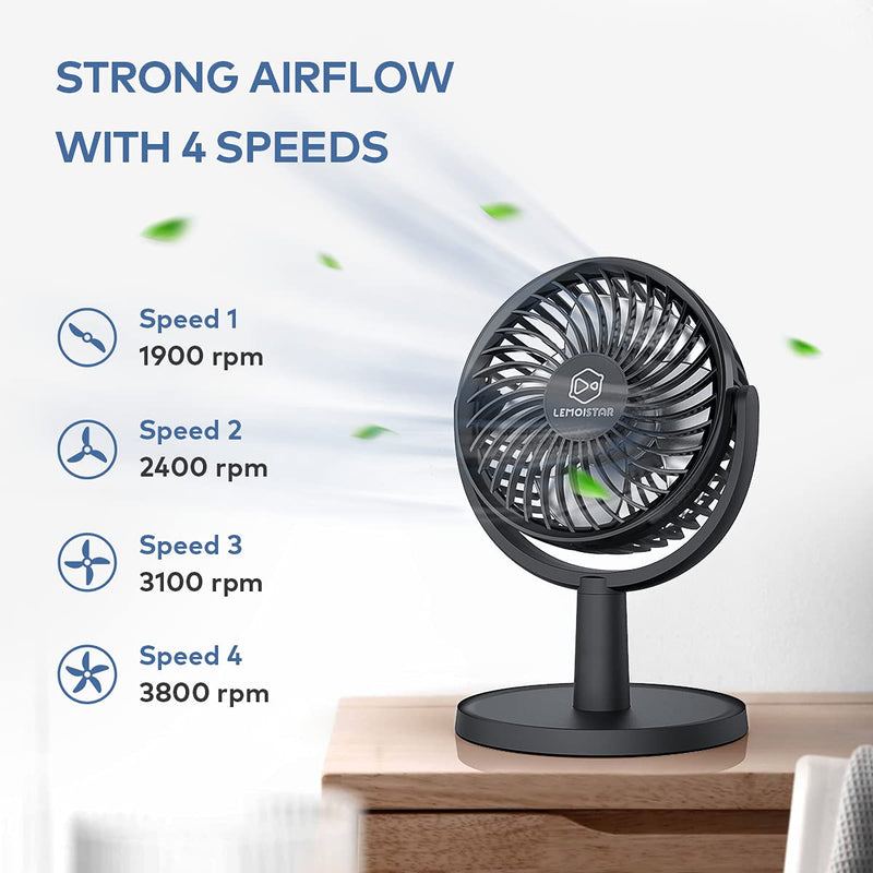 [Australia - AusPower] - Small Personal USB Powered Fan with 4 Speeds, Portable Desk Fans with 310° Rotation, Mini Powerful Table Fans, Ultra Quiet Air Cooling Fan for Office, Bedroom, Easy to Storage, Strong, Compact, Black 4" Black 