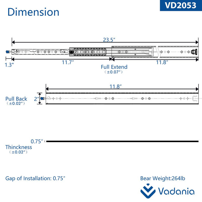 [Australia - AusPower] - VADANIA 12" Heavy Duty Drawer Slide with Lock #VD2053, 2" Width Up to 264lb Load Capacity, 3-Fold Full Extension, Ball Bearing Lock-in & Lock-Out, Side Mount, 1-Pair 12 Inch 