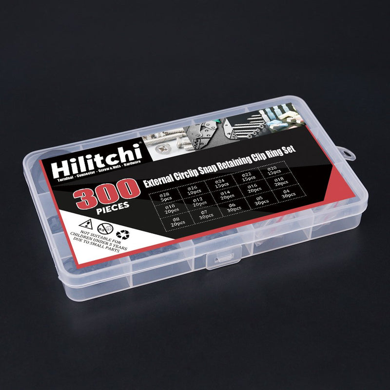 [Australia - AusPower] - Hilitchi 300-Pcs [15-Size] Alloy Steel External Circlip Snap Retaining Clip Ring Assortment Set 